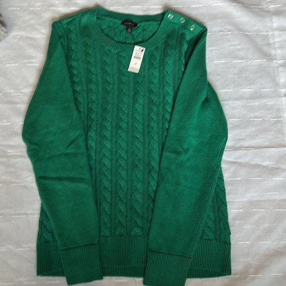 Talbots Soft Cable Crewneck Sweaters. Verdant Green/ Grey Sky Heather Metallic - Picture 7 of 13